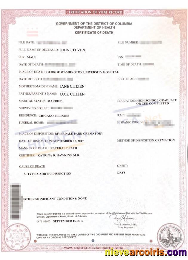 Columbia certificate of death